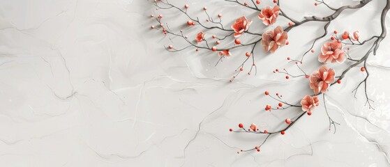 Wall Mural - Vintage style flower and leaves decoration in a branch with art natural icon. Japanese background with watercolor texture modern.