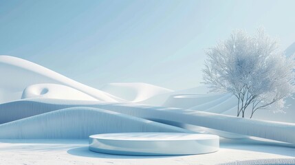 Poster - Landscape with podium for product display in winter. 3D rendering.....