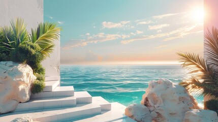 Poster - Landscape scene with geometrical shapes. Ocean beach view. 3D rendering......