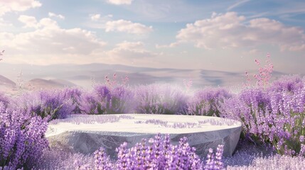 Leinwandbilder - A natural beauty podium backdrop with a lavender field. 3D rendering.
