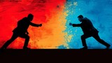 Fototapeta  - The image shows a red and blue background with two people in suits, one red and one blue, in a fighting stance.