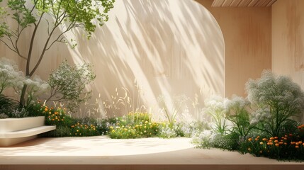 Poster - The background of a natural beauty podium is accompanied by an abstract garden scene. This is a rendering of a 3D scene.
