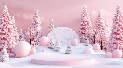 Leinwandbilder - An abstract winter scene with a podium on a pastel color background is rendered in 3D.