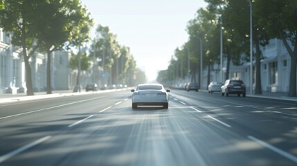 Poster - 3D Autonomous Self-Driving Car navigating a city highway. Visualization Concept: An AI sensor scans the road ahead looking for vehicles, hazard, or speed limits. Daily Urban Driveway. Front View.