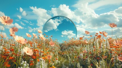 Poster - A 3D rendering of the sky reflecting in a mirror on a spring flower field.