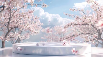 Poster - A beautiful podium backdrop with a landscape scene of cherry blossoms in spring. 3D rendering.