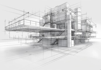 Aufkleber - Industrial building wireframe rendering with architectural and construction details