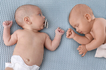 Sticker - Adorable newborn twins on blue knitted blanket, above view