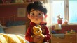 A wide-eyed animated boy tightly clutching a teddy bear with sunlight streaming into a cozy bedroom.