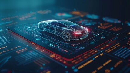 Poster - Graphical visualization on digital tablet computer screen showing a 3D virtual electric vehicle model created with car developing professional software. Concept of modern car diagnostics.