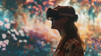 Poster - A woman immersed in virtual reality experience with VR headset on her head.
