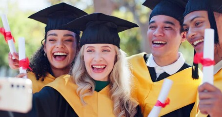 Poster - Friends, graduation and selfie with smile, campus and document of diploma from college and celebration. Gen z, women and men with happiness for achievement, university students and success with pride