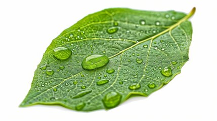 Poster - Isolated on white background, beautiful water drop on leaf shot with macro lens 1:1