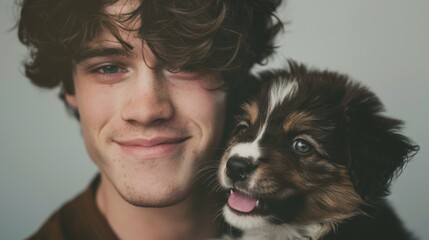 Wall Mural - A young man cradles a puppy in his arms