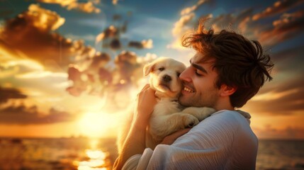 Wall Mural - A man tenderly holds a white dog in his arms