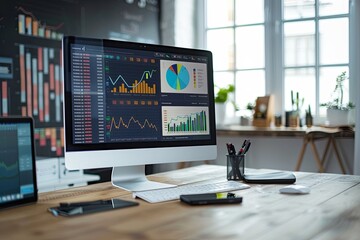 Poster - A desktop computer placed on top of a wooden desk, displaying financial charts and graphs on its screen. Generative AI