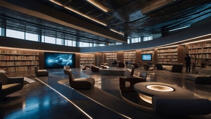 Poster - Futuristic AI-Powered LibraryBooks and Digital Interfaces, Technology Concept Art