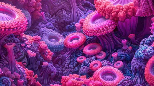 Colorful abstract illustration depicting vibrant microscopic forms resembling organic structures in a surreal layout.