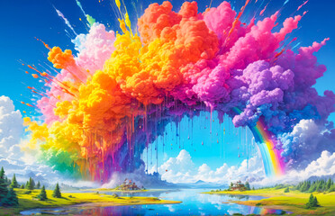 rainbow over the mountain. colorful clouds background,landscape with rainbow