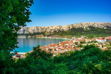 Wall Mural - baska, croatia, 29 april 2024,, panoramic view of the village from a mountain