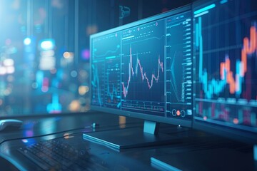 Poster - A computer monitor resting on top of a desk, displaying financial charts and graphs. Generative AI