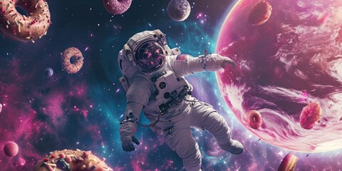 Wall Mural - astronaut in a food space , flying donuts pizza as planets lots of special effects the background