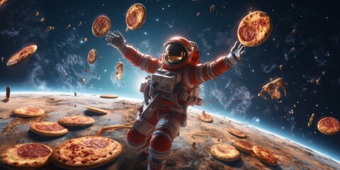Wall Mural - Astronaut with pizza on the background of the outer space.