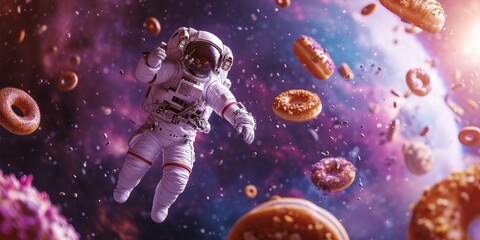 Wall Mural - astronaut in a food space , flying donuts pizza as planets lots of special effects the background