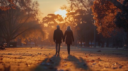 Wall Mural - A couple holding hands walking through a park at sunset, AI