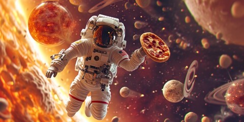 Wall Mural - Astronaut with pizza on the background of the outer space.