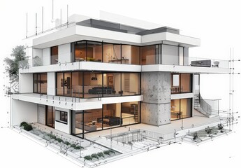 Poster - Wireframe rendering of a contemporary house with technical details