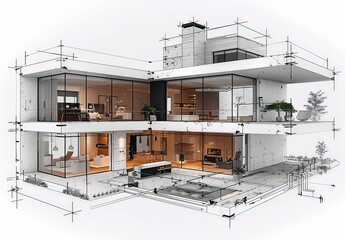 Aufkleber - Wireframe rendering of a contemporary house with technical details