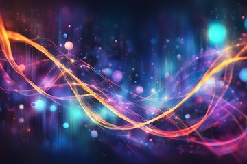 A colorful, swirling line of light with a blue background