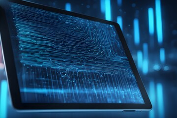Fototapete - A tablet with a blue screen displaying a complex circuit board
