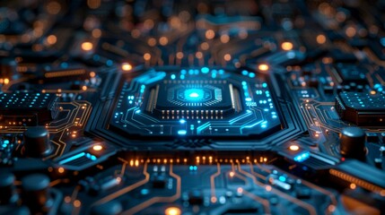 Poster - A close up of a computer circuit board with lights on it, AI