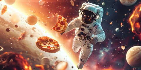 Wall Mural - Astronaut with pizza on the background of the outer space.