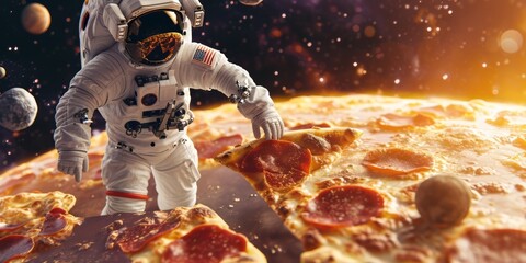 Wall Mural - Astronaut with pizza on the background of the outer space.