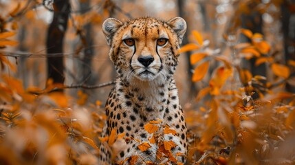 A cheetah in the woods with leaves and trees around it, AI