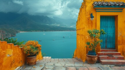 Canvas Print - A view of a yellow building with blue doors and potted plants, AI