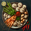 Tom Yam kung Spicy Thai soup with shrimp ingredient illustration.