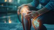 Elderly woman suffering from pain in knee pain due to bone disease, knee joint degeneration osteoarthritis, tendonitis or tear, exercise injury or injuries from accidents, show holograms, x-rays