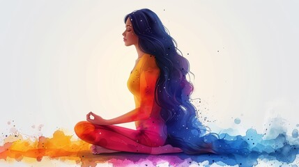 Yoga lotus pose woman. Meditation in the center of the wheel of life. Coaching tool in colorful diagram. Life coaching. Modern illustration.