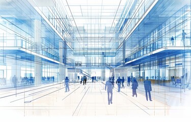 Wall Mural - A blueprint of an office building shows the structure's interior layout and exterior design through lines and a grid The white background creates contrast against blue architectural Generative AI