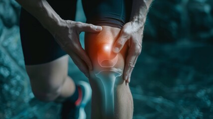 man suffering from pain in knee pain due to bone disease, knee joint degeneration osteoarthritis, tendonitis or tear, exercise injury or injuries from accidents, show holograms, x-rays health care