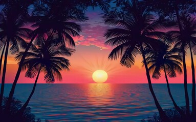 Dark palm tree silhouette with colorful tropical sea sunset background, very beautiful vector illustration