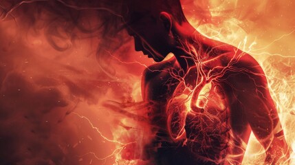 Wall Mural - Man chest pain, Human heart disease, coronary artery disease, Leaky heart valve disease, enlarged heart disease, ischemic heart disease Arrhythmia. , healthcare and medical concept