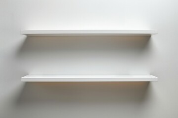 Two white shelves mounted on a white wall with a light fixture above them