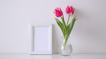 Poster - A close up shot captures a lovely tulip flower displayed in a glass vase surrounded by a picture frame set on a white wooden table against a clean wall at home This charming scene embodies 