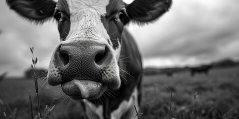 Poster - Black and white image of a cow, suitable for various design projects
