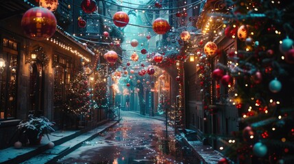 Aufkleber - A charming alley adorned with sparkling Christmas lights. Perfect for holiday-themed projects